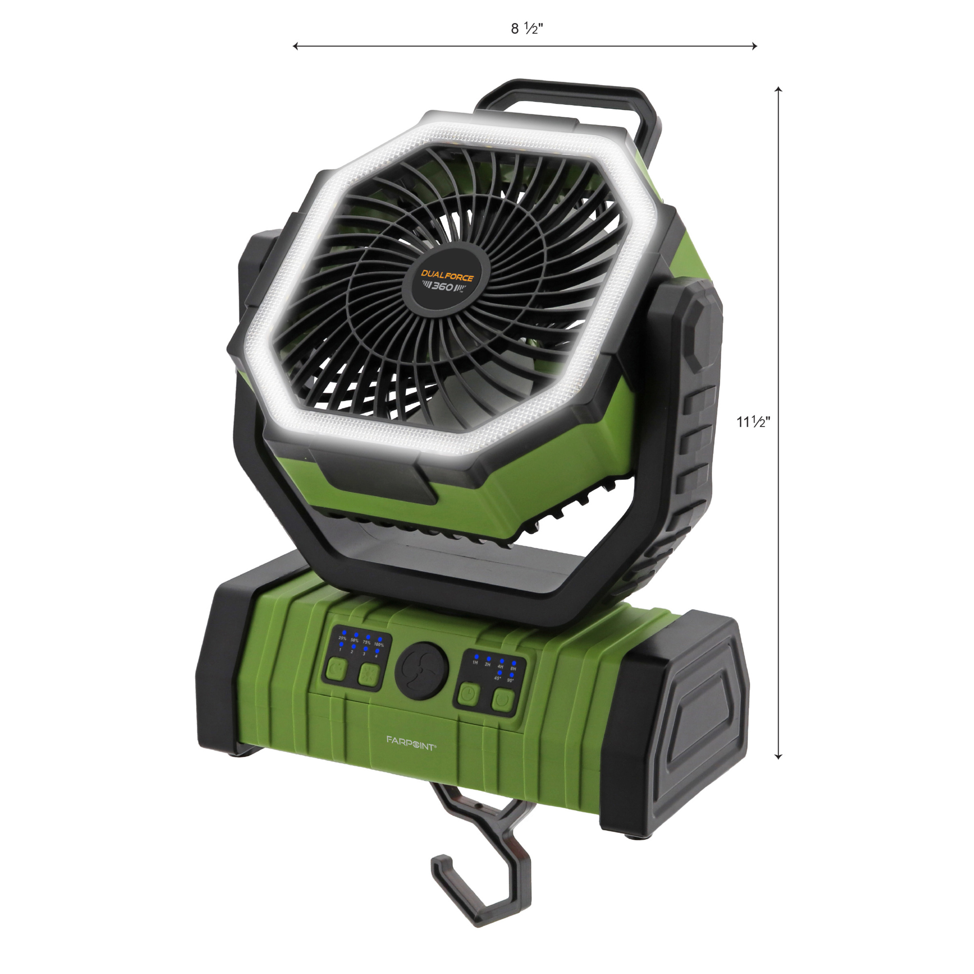 Farpoint Dual Force 360 Rechargeable Fan and Worklight, 120 Lumens, 4 Speeds, Oscillating, Model# FLFB25104
